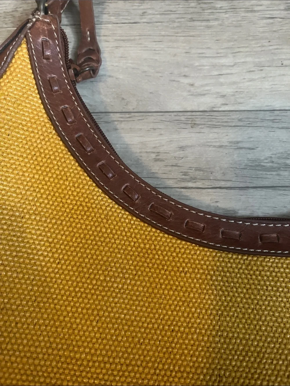 Relic Basket Weave Hobo Purse Mustard Yellow Brown Leather Trim Shoulder Bag